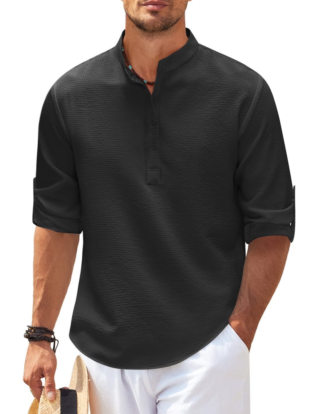 Men's Casual Shirt Long Sleeve Stand Collar Solid Color Shirt Mens Clothing - Vanturea