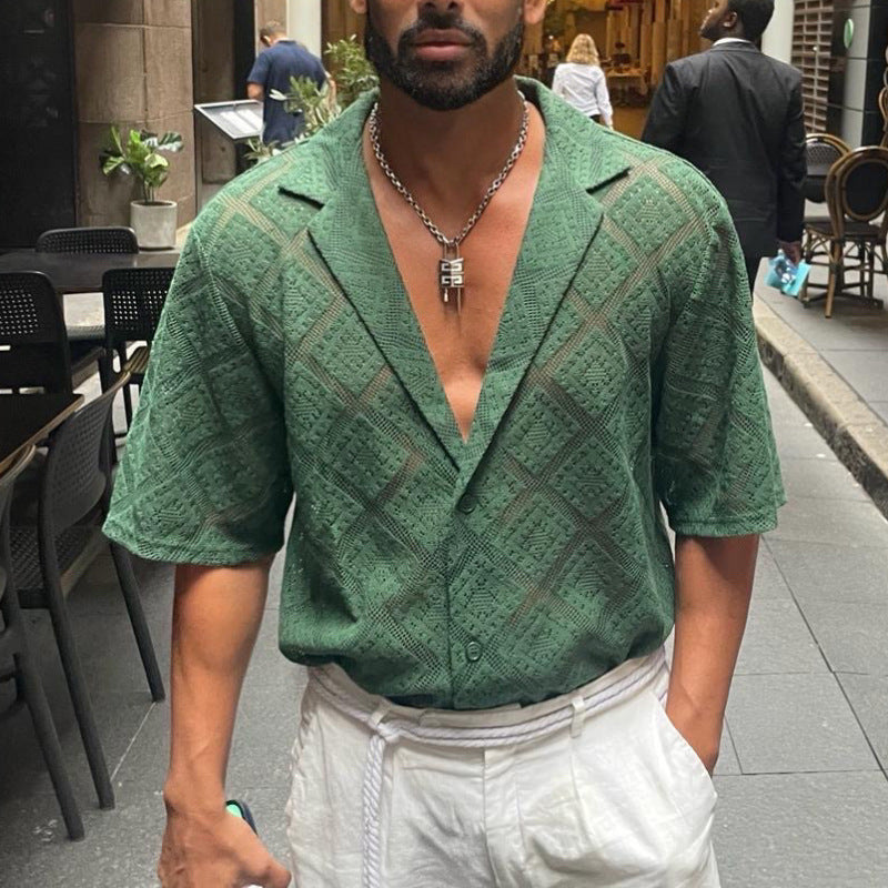 Fashion Mens Clothing Men's Hollow-out Breathable Short-sleeved Lapel Casual Shirt - Vanturea