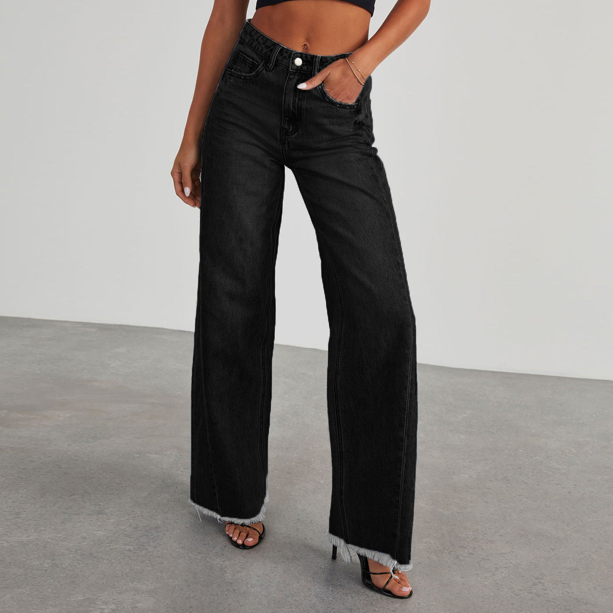 Fashion High Waist Jeans With Pockets Comfortable Slim Fit Straight Wide-leg Pants Womens Clothing - Vanturea