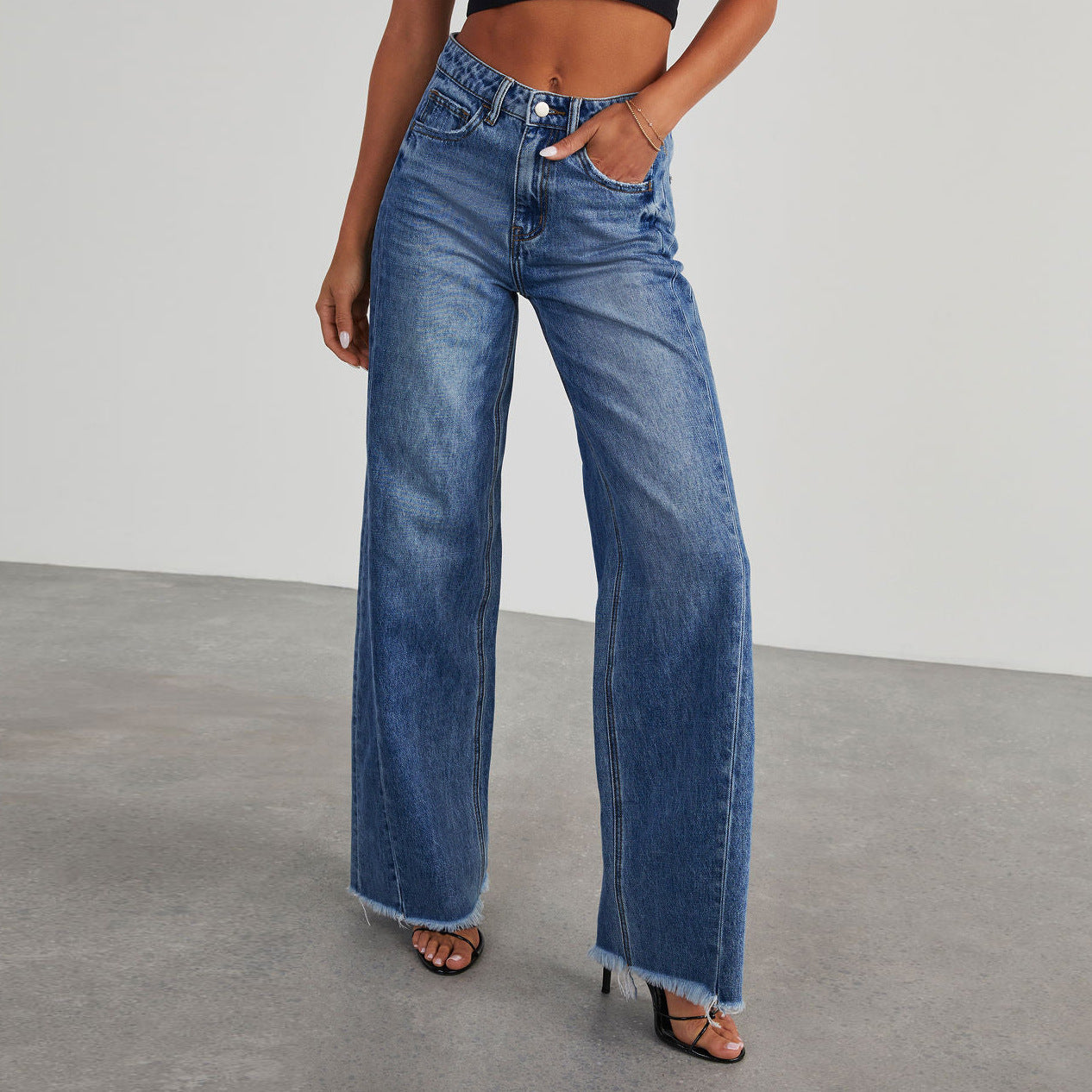 Fashion High Waist Jeans With Pockets Comfortable Slim Fit Straight Wide-leg Pants Womens Clothing - Vanturea