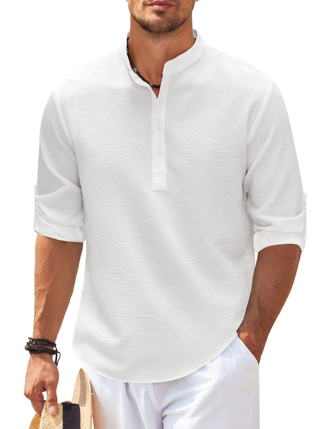 Men's Casual Shirt Long Sleeve Stand Collar Solid Color Shirt Mens Clothing - Vanturea