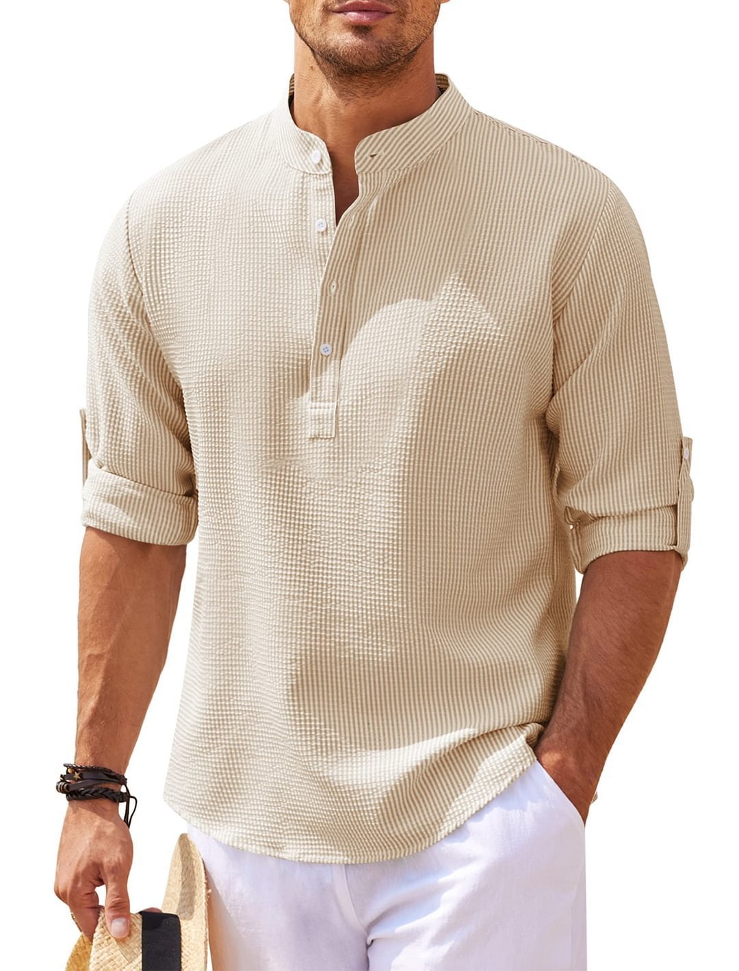 Men's Casual Shirt Long Sleeve Stand Collar Solid Color Shirt Mens Clothing - Vanturea