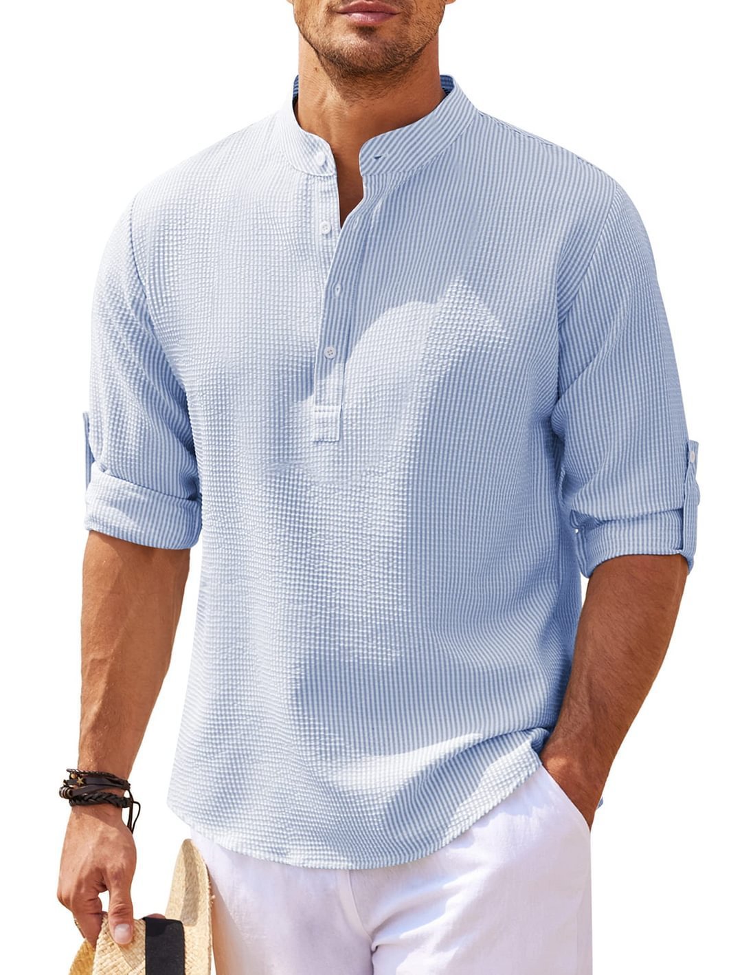 Men's Casual Shirt Long Sleeve Stand Collar Solid Color Shirt Mens Clothing - Vanturea