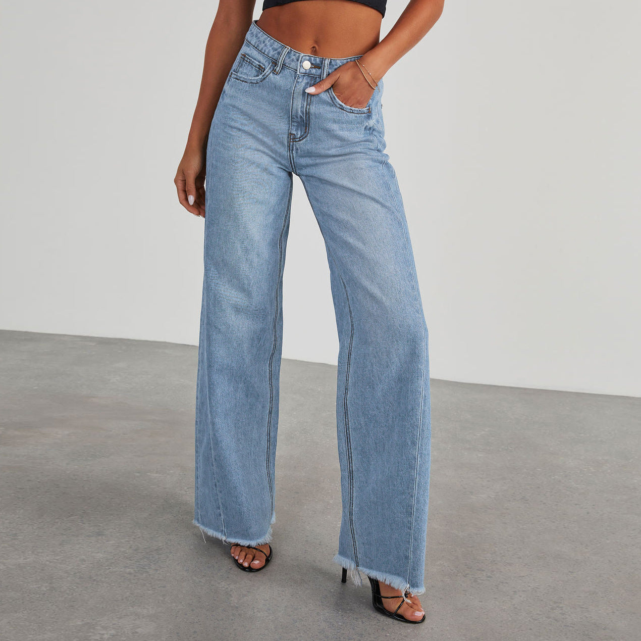 Fashion High Waist Jeans With Pockets Comfortable Slim Fit Straight Wide-leg Pants Womens Clothing - Vanturea