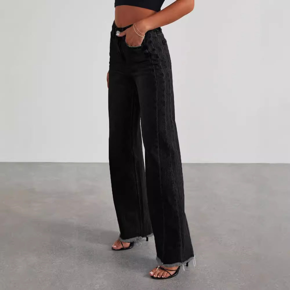Fashion High Waist Jeans With Pockets Comfortable Slim Fit Straight Wide-leg Pants Womens Clothing - Vanturea