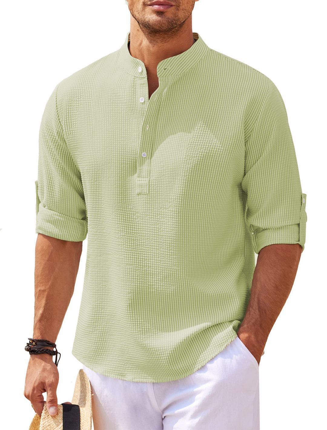 Men's Casual Shirt Long Sleeve Stand Collar Solid Color Shirt Mens Clothing - Vanturea