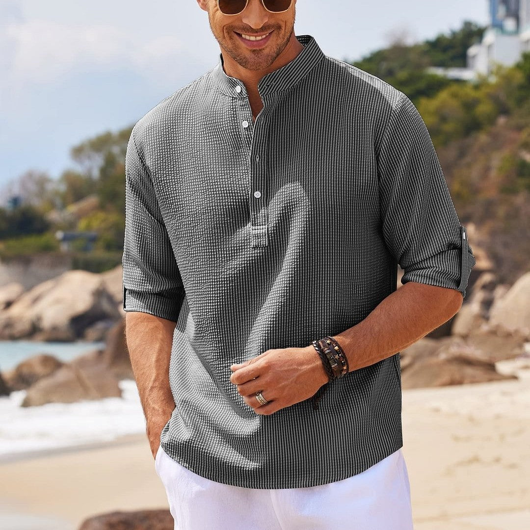 Men's Casual Shirt Long Sleeve Stand Collar Solid Color Shirt Mens Clothing - Vanturea