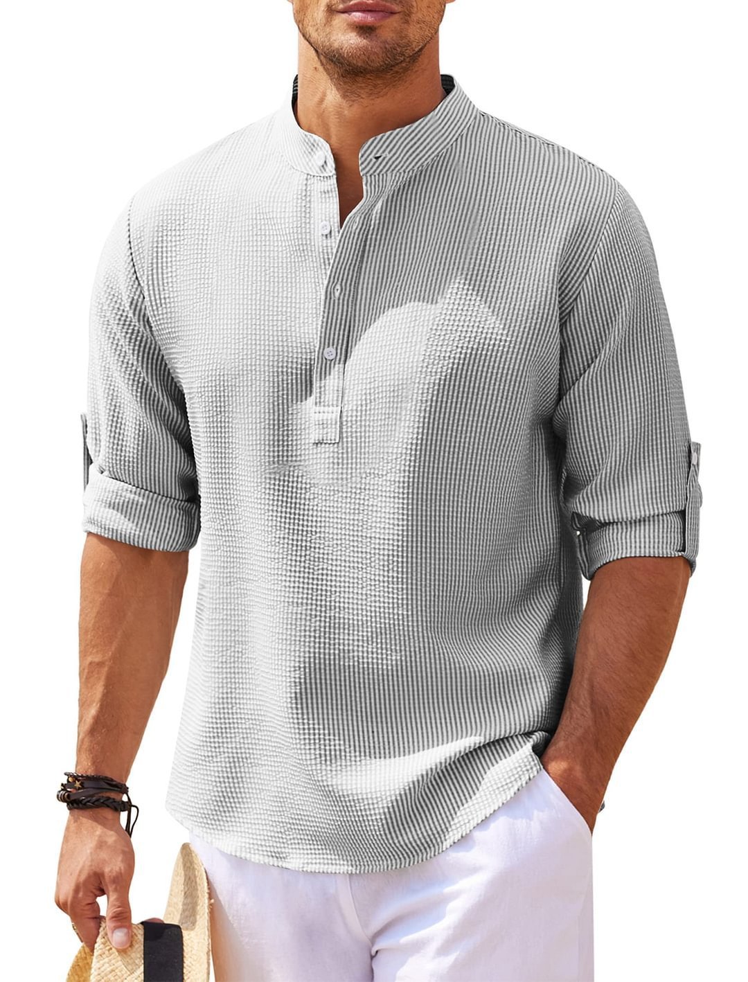Men's Casual Shirt Long Sleeve Stand Collar Solid Color Shirt Mens Clothing - Vanturea