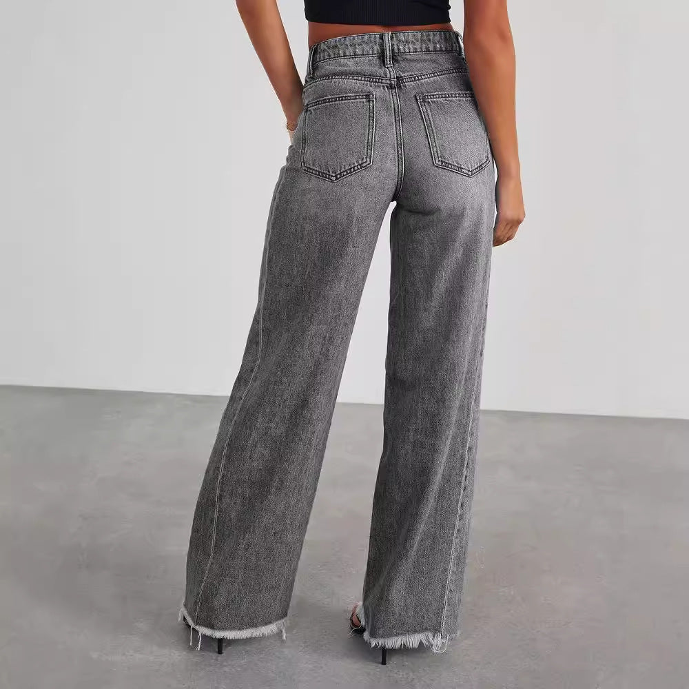 Fashion High Waist Jeans With Pockets Comfortable Slim Fit Straight Wide-leg Pants Womens Clothing - Vanturea
