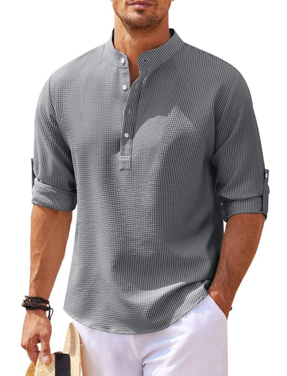 Men's Casual Shirt  Long Sleeve Stand Collar Solid Color Shirt Mens Clothing - Vanturea