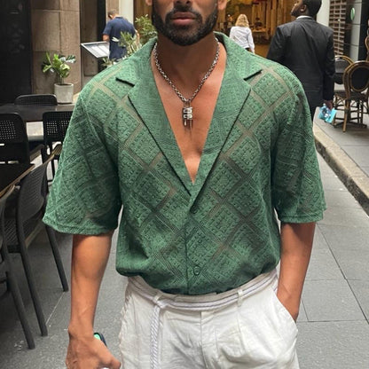Fashion Mens Clothing Men's Hollow-out Breathable Short-sleeved Lapel Casual Shirt - Vanturea