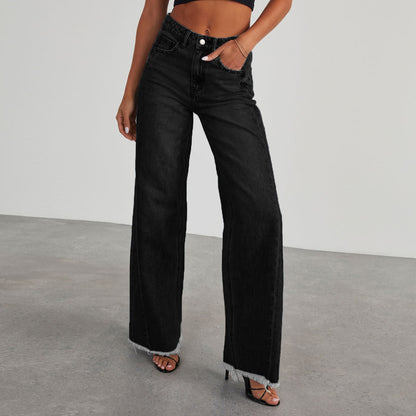 Fashion High Waist Jeans With Pockets Comfortable Slim Fit Straight Wide-leg Pants Womens Clothing - Vanturea
