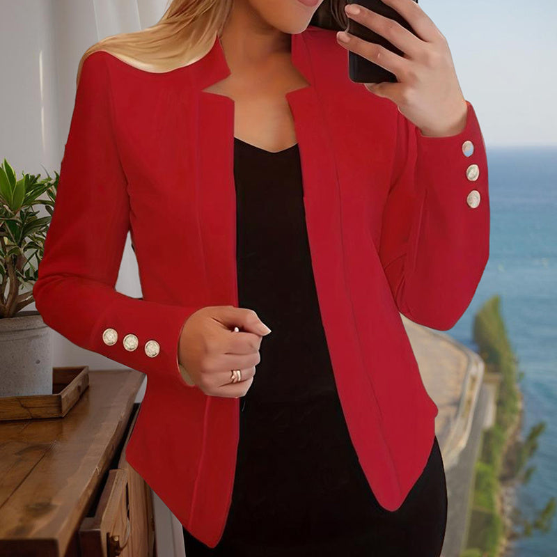 Plus Size Women's Solid Color Long Sleeve Blazer - Button Cuff Sport Coat Comfortable For Work & Casual Wear - Vanturea