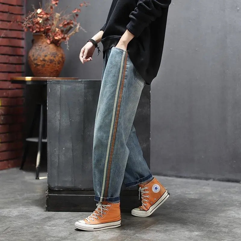Artsy Side Striped Patchwork Jeans - Vanturea