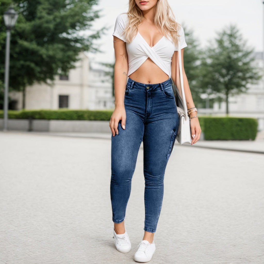 Multi-pocket High-stretch Mid-rise Zipper-hem Skinny Pencil Pants, Urban Style Women's Jeans And Clothing Cargo Jeans Amazon Don't Sell - Vanturea