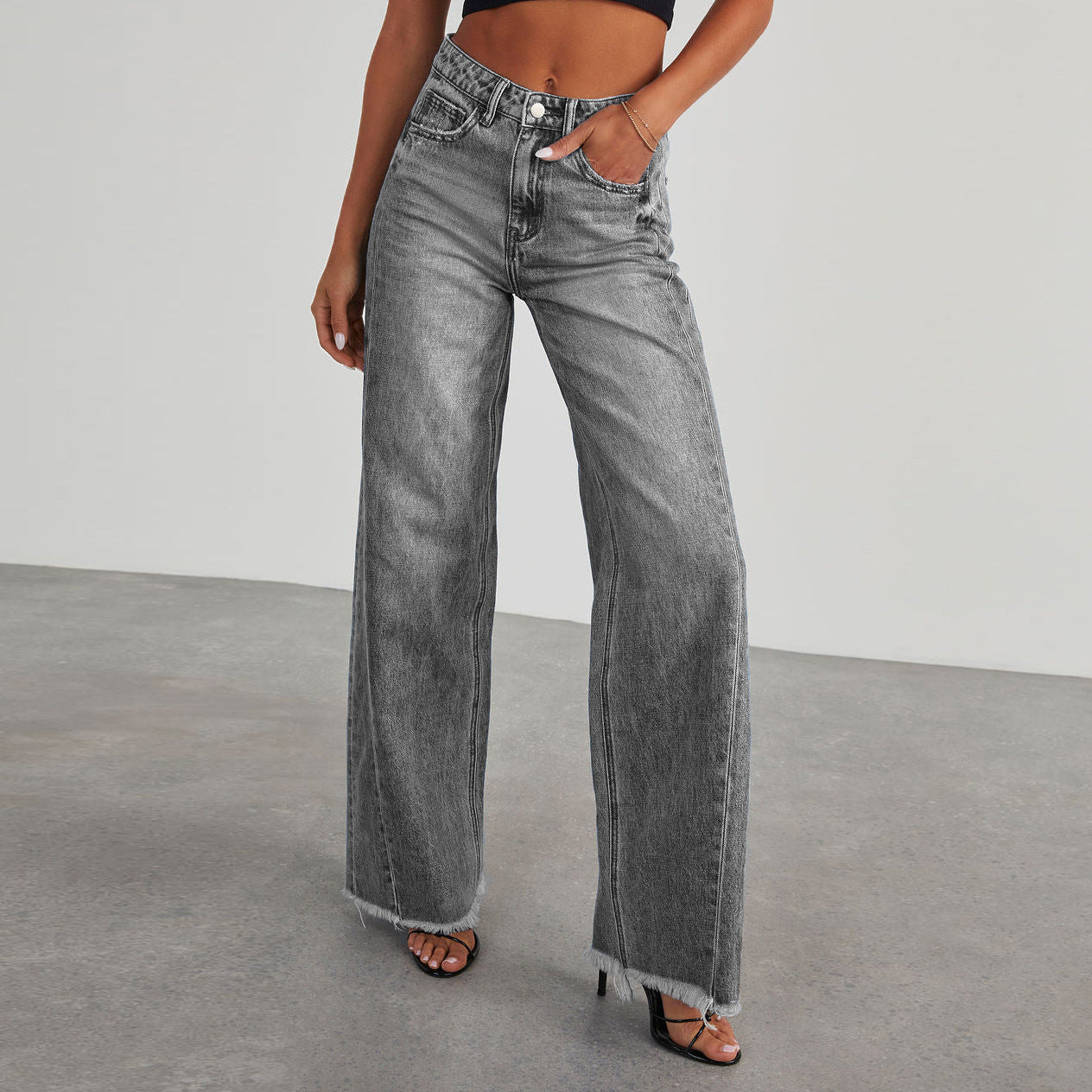 Fashion High Waist Jeans With Pockets Comfortable Slim Fit Straight Wide-leg Pants Womens Clothing - Vanturea