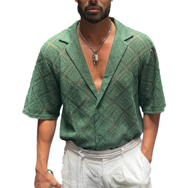 Fashion Mens Clothing Men's Hollow-out Breathable Short-sleeved Lapel Casual Shirt - Vanturea