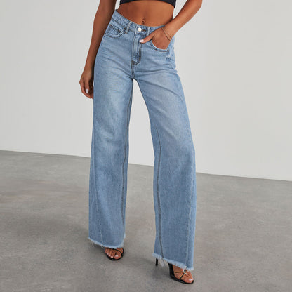 Fashion High Waist Jeans With Pockets Comfortable Slim Fit Straight Wide-leg Pants Womens Clothing - Vanturea