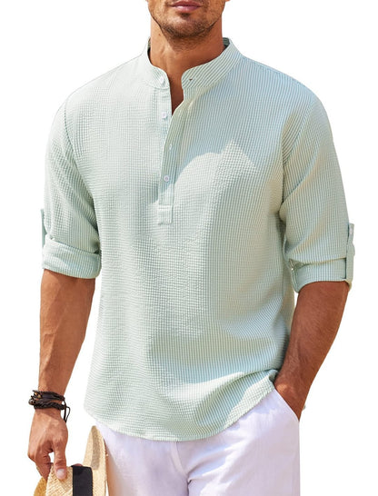 Men's Casual Shirt  Long Sleeve Stand Collar Solid Color Shirt Mens Clothing - Vanturea