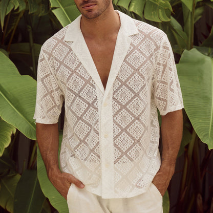Fashion Mens Clothing Men's Hollow-out Breathable Short-sleeved Lapel Casual Shirt - Vanturea